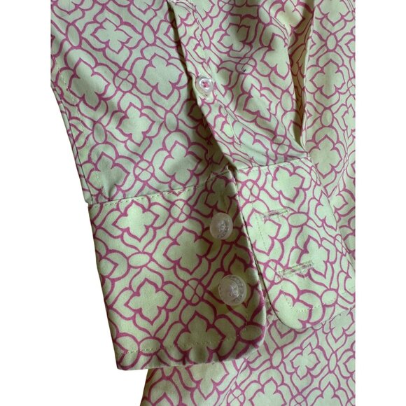 Lands End Women's No Iron Supima Yellow Pink Patterned Button Up Shirt Size 12 - Picture 3 of 5